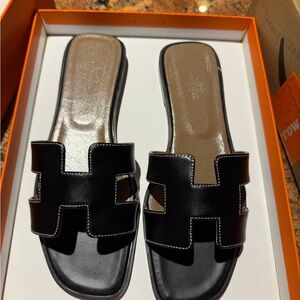 Hermes Black Slide Sandals